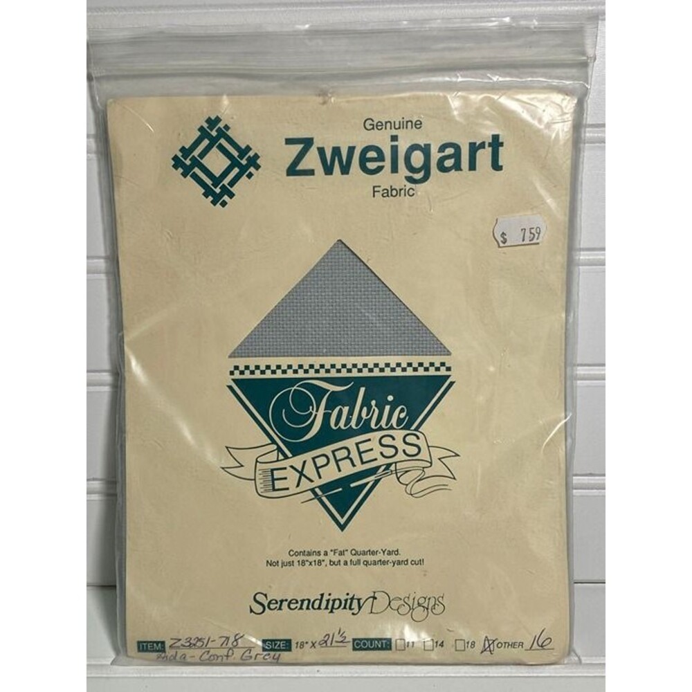 Zweigart Cross Stitch Fabric Aida Gray Grey 16ct 18"x21.5" New! Vintage